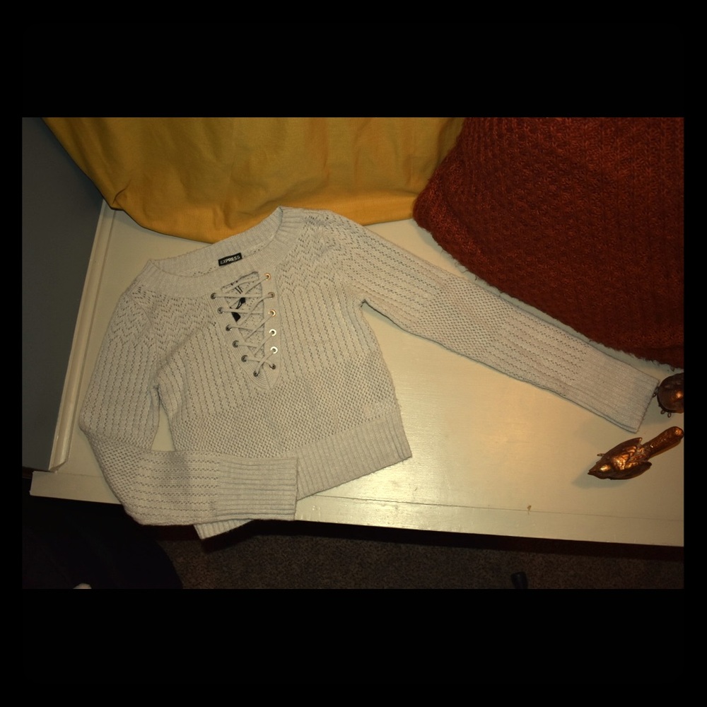 Express Lace Up Cropped Gray Sweater